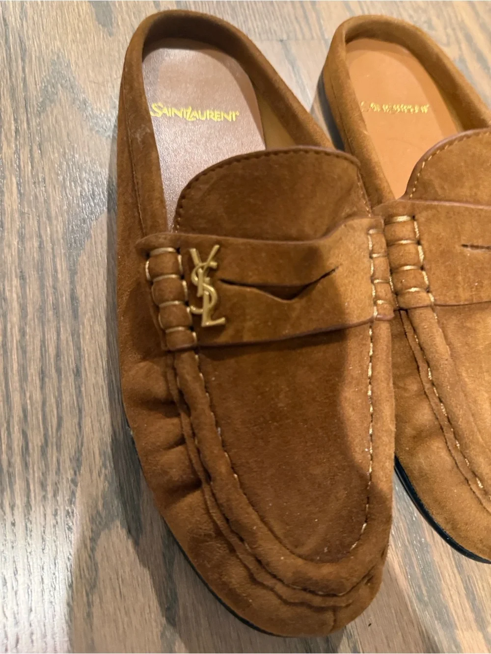 Saint Laurent Brown Suede Penny Loafers with Gold Accent